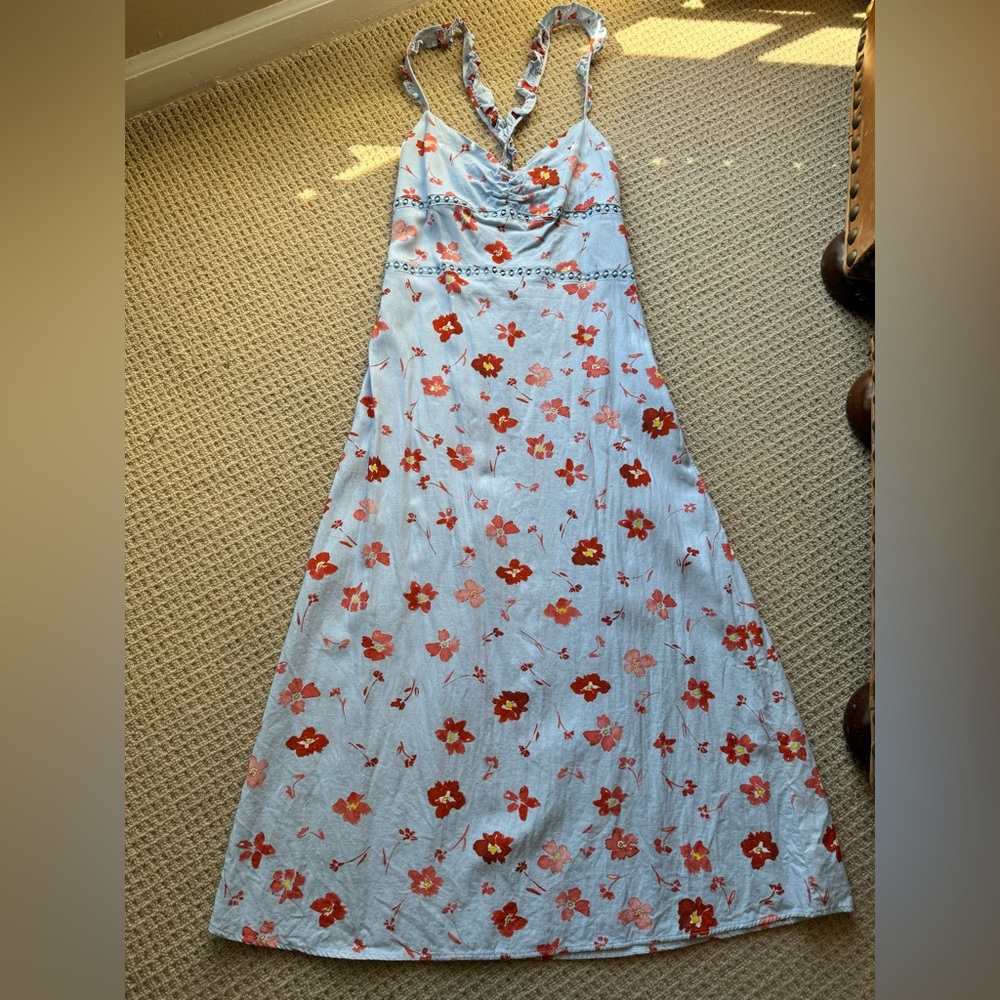 Zara ladies light blue sundress with orange flowers size M linen blend